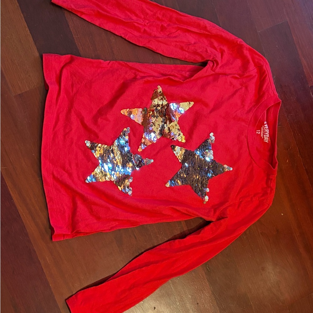 Cat & Jack Red Long Sleeve Shirt with Sequin Stars